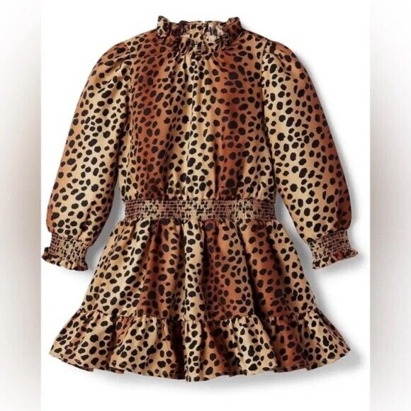 NWT Janie and Jack The Cleo Smocked Dress Marzipan BrownCheetah Leopard Print 14 - Picture 1 of 7